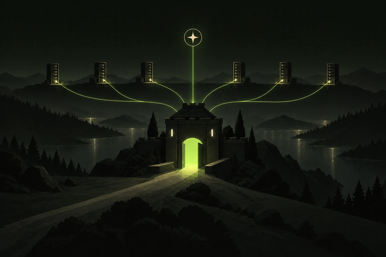 Un piccolo forte di pietra su una collina di notte, con il portone illuminato di verde: da lì partono linee luminose verso una fila di server sulle colline e una linea dritta verso un sigillo con una stella nel cielo