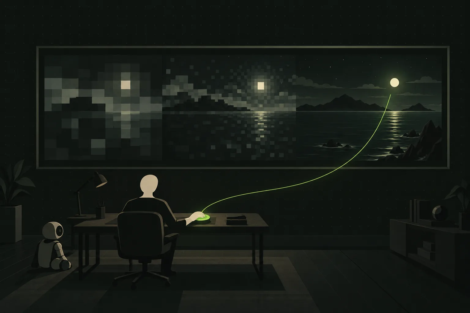 A person seen from behind presses a big green button in front of a canvas that goes from chunky blocks to a sharp landscape; a green line runs from the result to their hand, while a small robot waits switched off in a corner